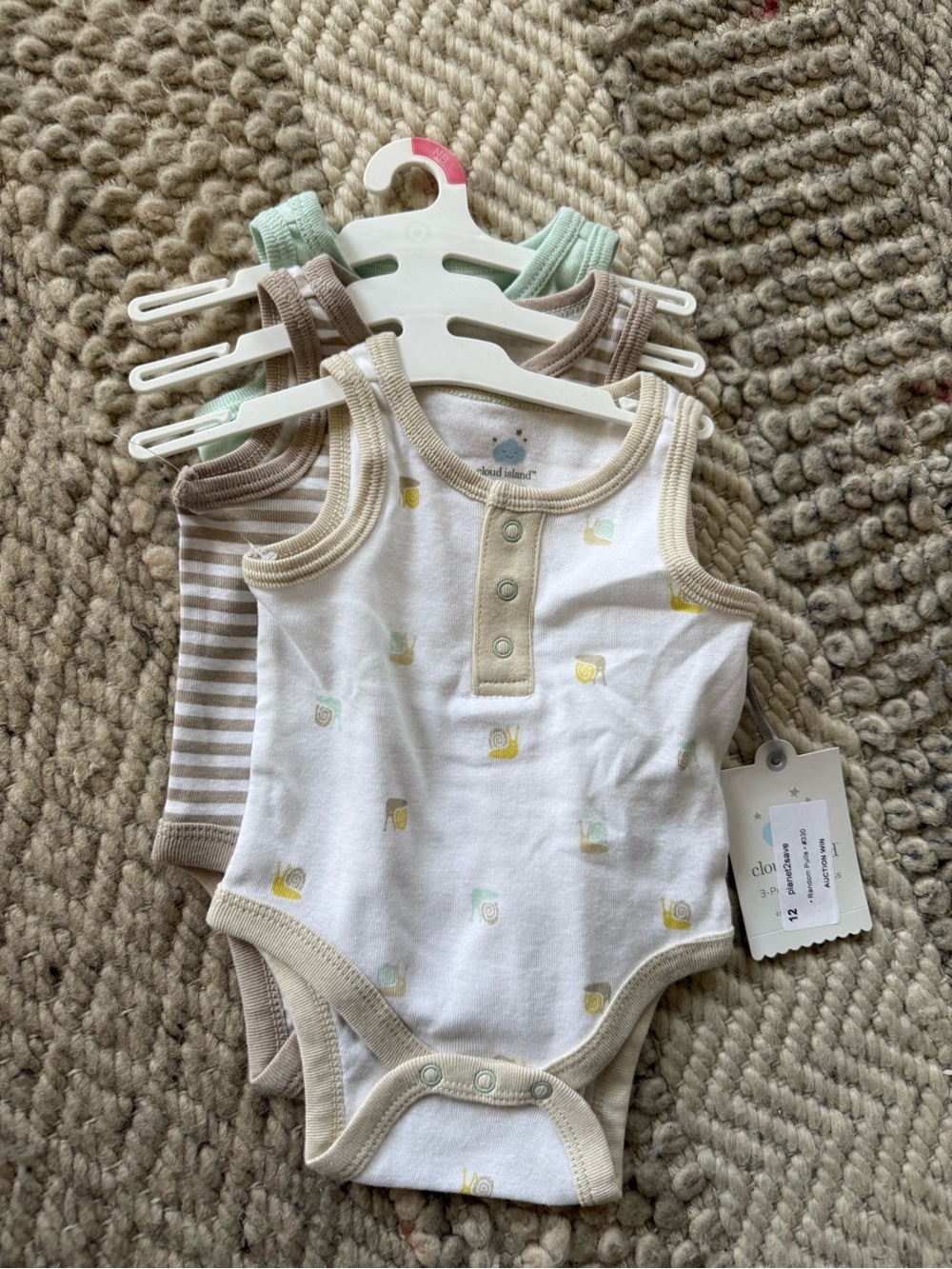 cloud island White, Beige & Mint Snail Print Tank Bodysuits - 3 Pack newborn
